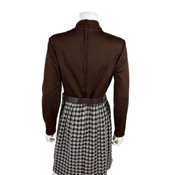 Vintage 70s Secretary Dress Womens L Brown Long Sleeve Ascot Necktie Plaid Skirt - Picture 11 of 11